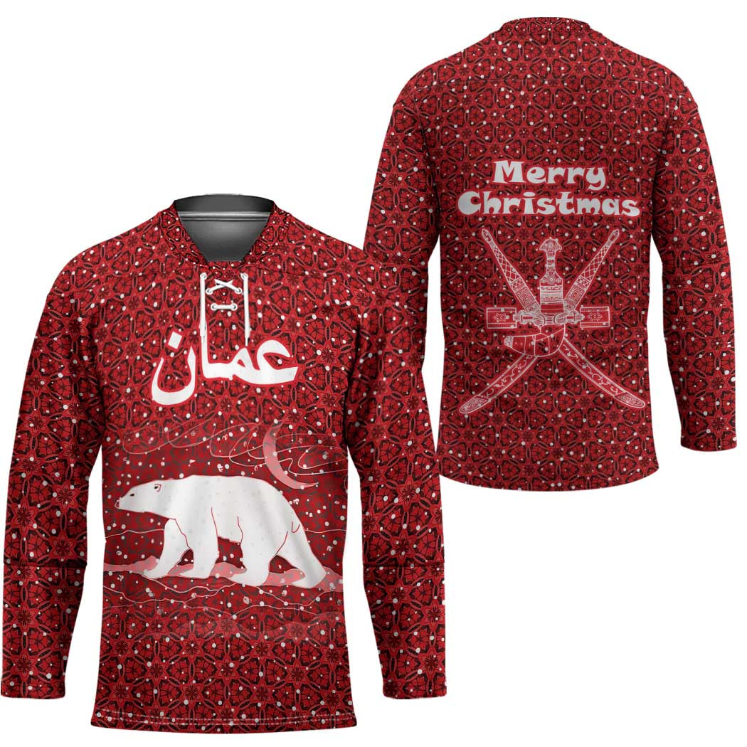 Oman Christmas Hockey Jersey with Red Geometric Design, White Oryx, and National Emblem Motif - Wonder Print Shop