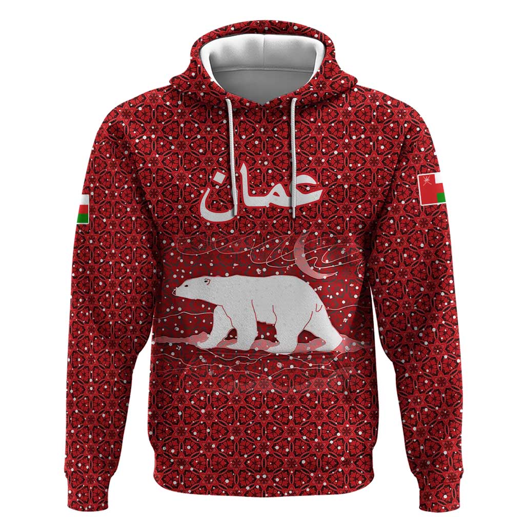 Oman Christmas Hoodie with Red Geometric Design, White Oryx, and National Emblem Motif - Wonder Print Shop