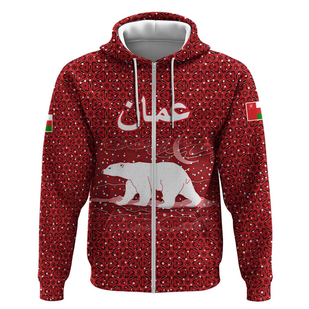 Oman Christmas Hoodie with Red Geometric Design, White Oryx, and National Emblem Motif - Wonder Print Shop