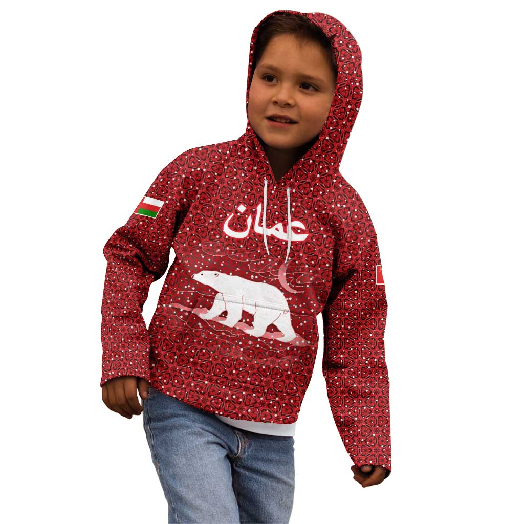 Oman Christmas Kid Hoodie with Red Geometric Design, White Oryx, and National Emblem Motif - Wonder Print Shop