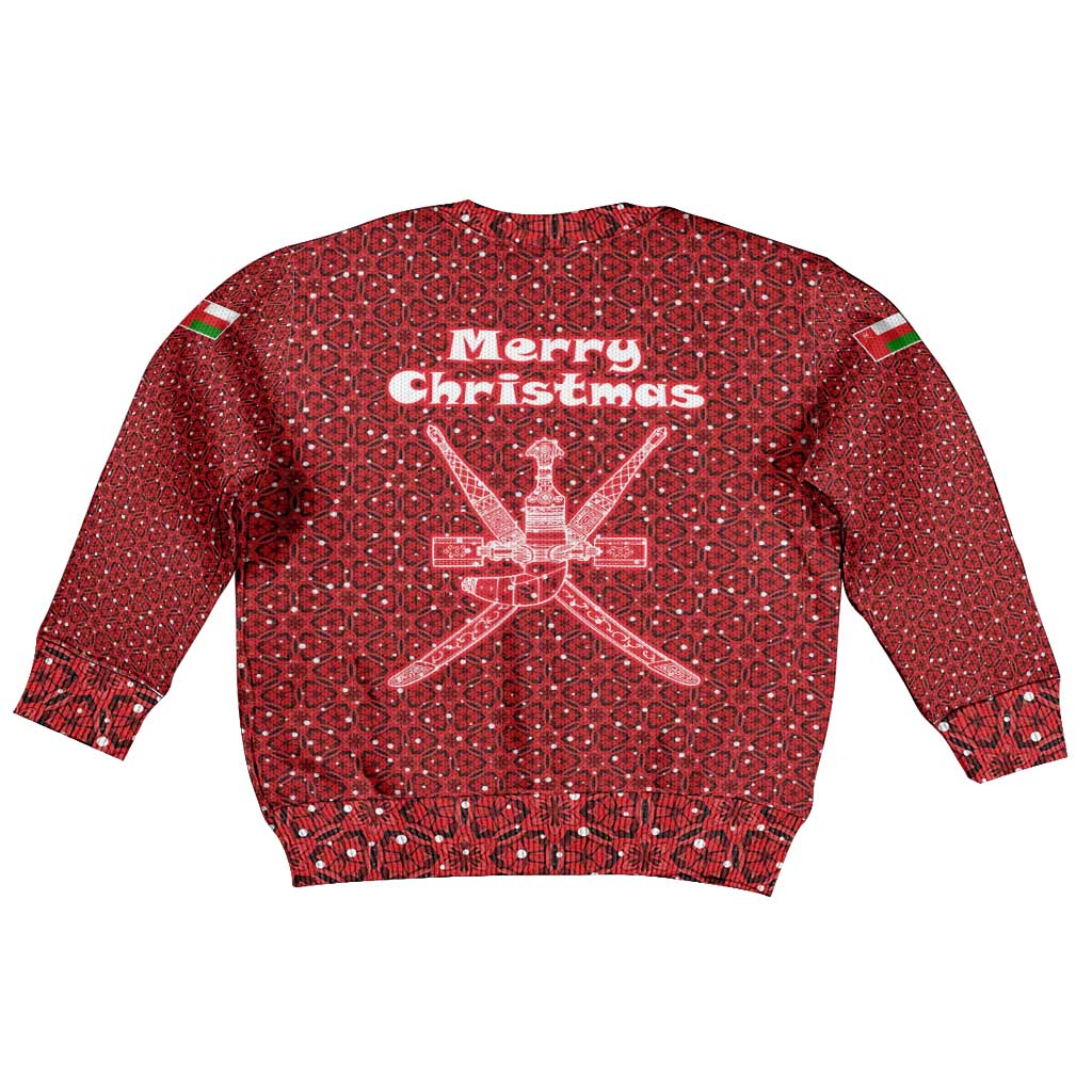 Oman Christmas Kid Ugly Christmas Sweater with Red Geometric Design, White Oryx, and National Emblem Motif - Wonder Print Shop