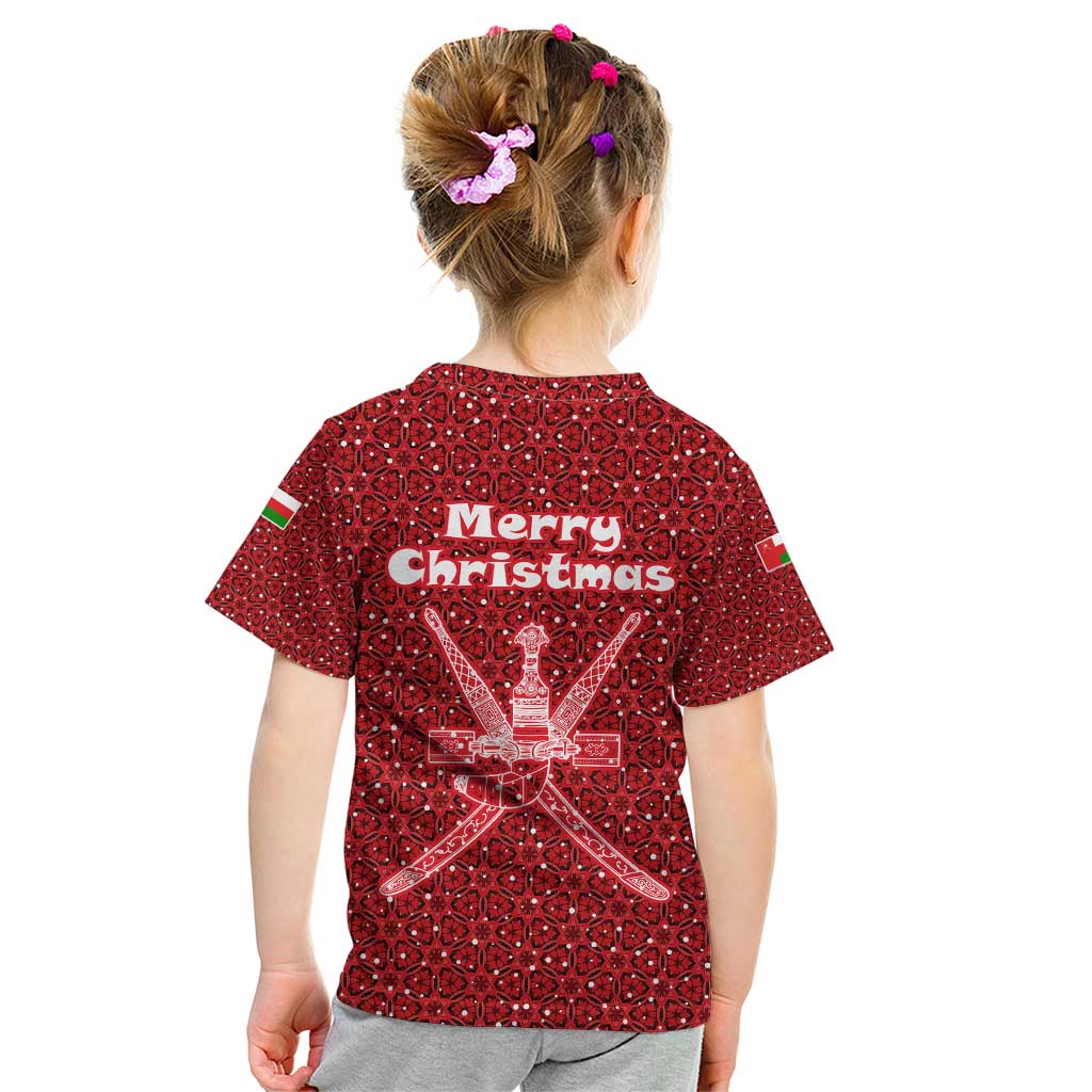 Oman Christmas Kid T Shirt with Red Geometric Design, White Oryx, and National Emblem Motif - Wonder Print Shop