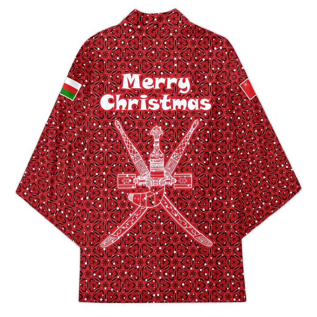 Oman Christmas Kimono with Red Geometric Design, White Oryx, and National Emblem Motif - Wonder Print Shop