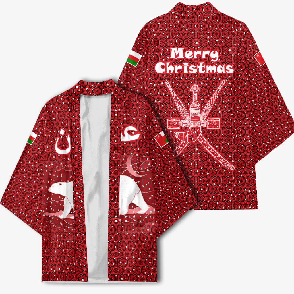 Oman Christmas Kimono with Red Geometric Design, White Oryx, and National Emblem Motif - Wonder Print Shop