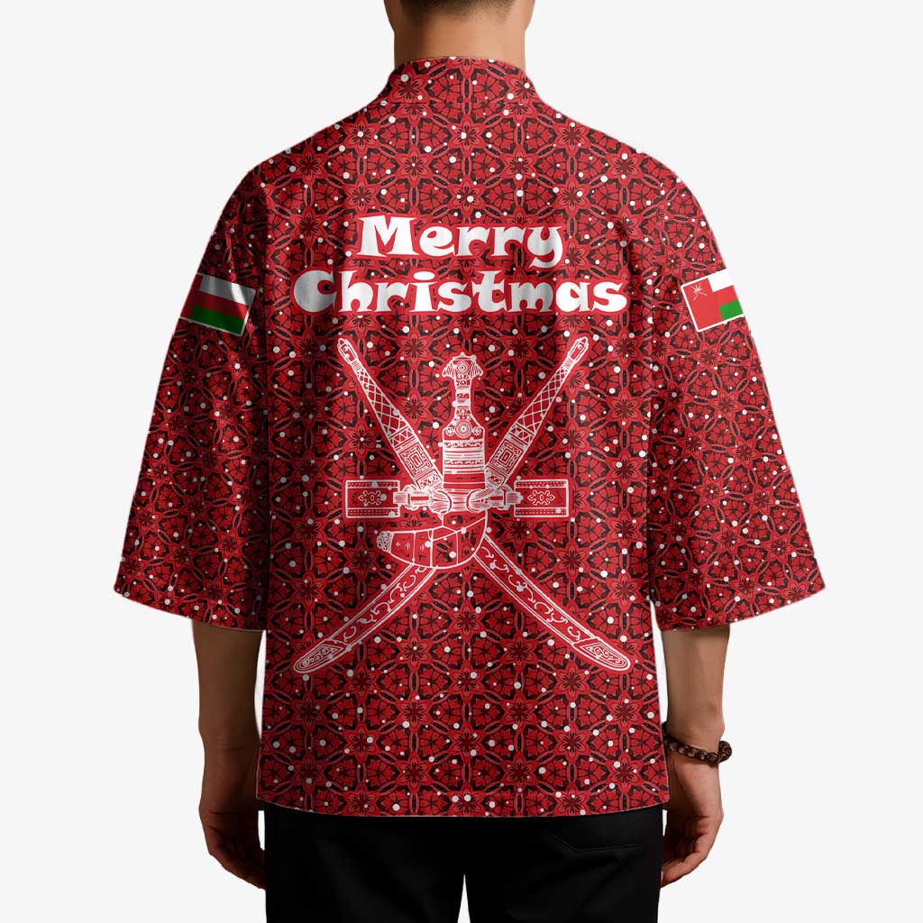 Oman Christmas Kimono with Red Geometric Design, White Oryx, and National Emblem Motif - Wonder Print Shop