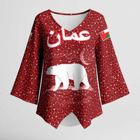 Oman Christmas Kimono Sleeve Blouse with Red Geometric Design, White Oryx, and National Emblem Motif - Wonder Print Shop