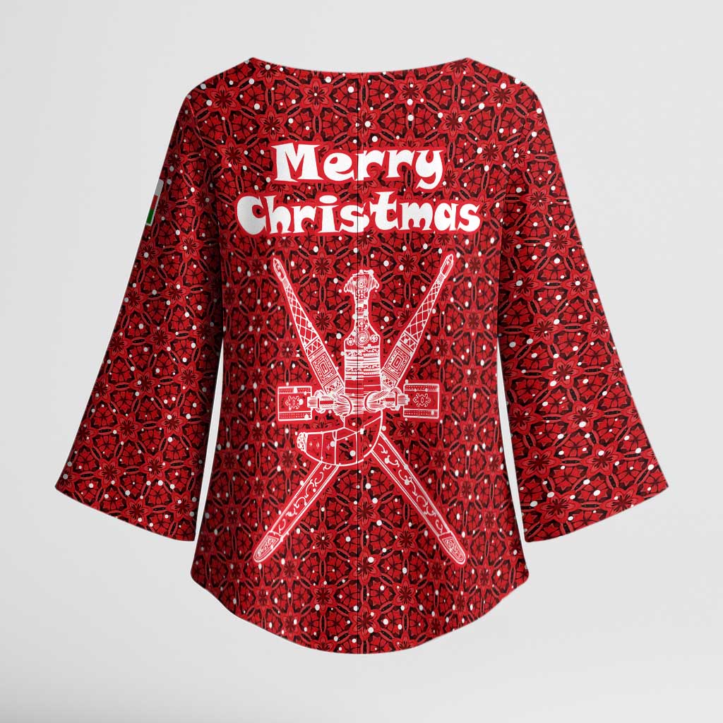 Oman Christmas Kimono Sleeve Blouse with Red Geometric Design, White Oryx, and National Emblem Motif - Wonder Print Shop