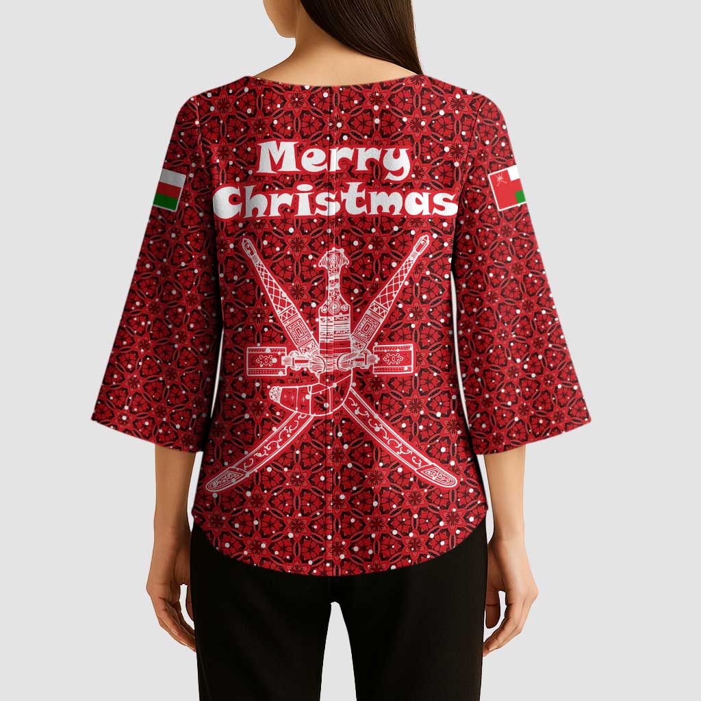 Oman Christmas Kimono Sleeve Blouse with Red Geometric Design, White Oryx, and National Emblem Motif - Wonder Print Shop