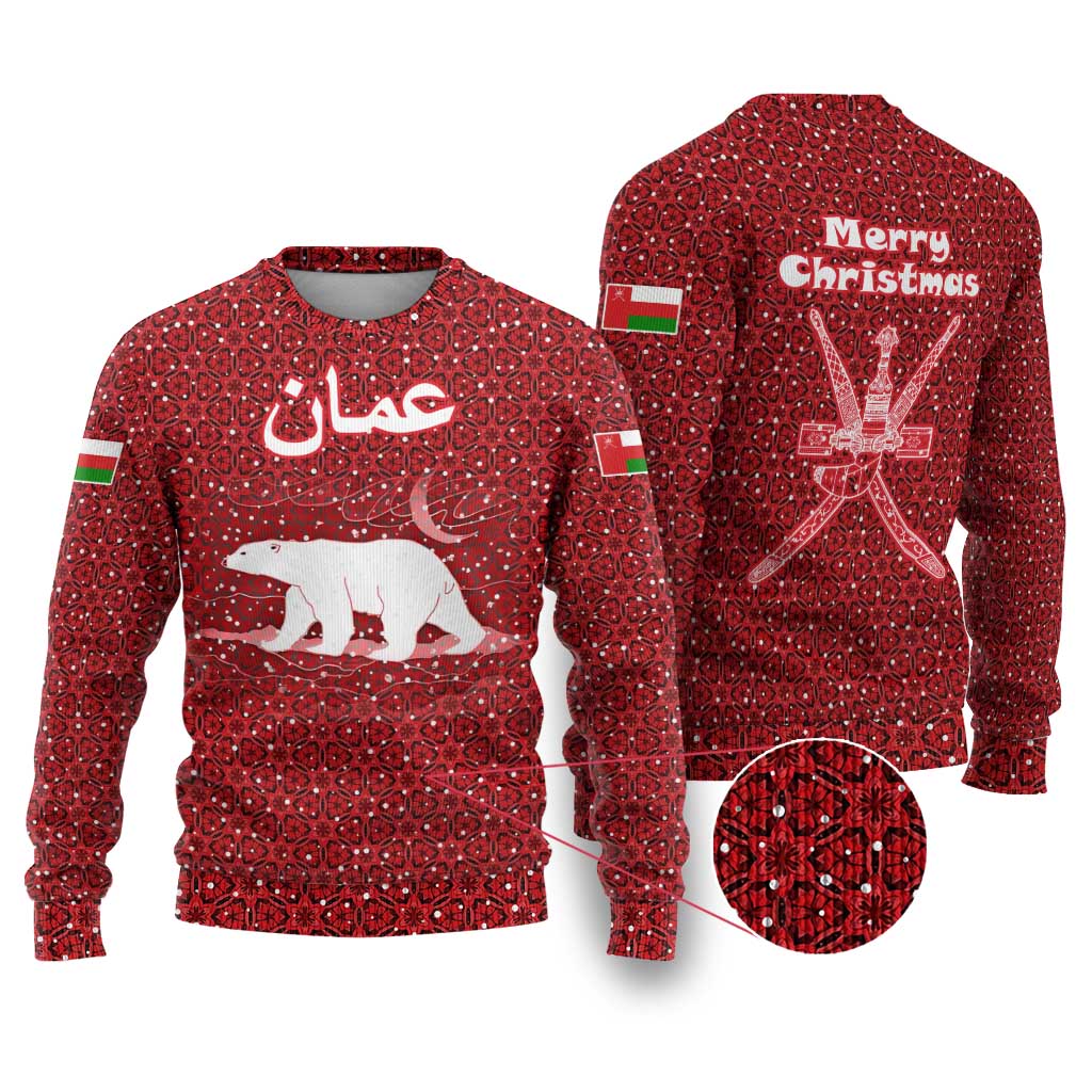 Oman Christmas Ugly Christmas Sweater with Red Geometric Design, White Oryx, and National Emblem Motif - Wonder Print Shop