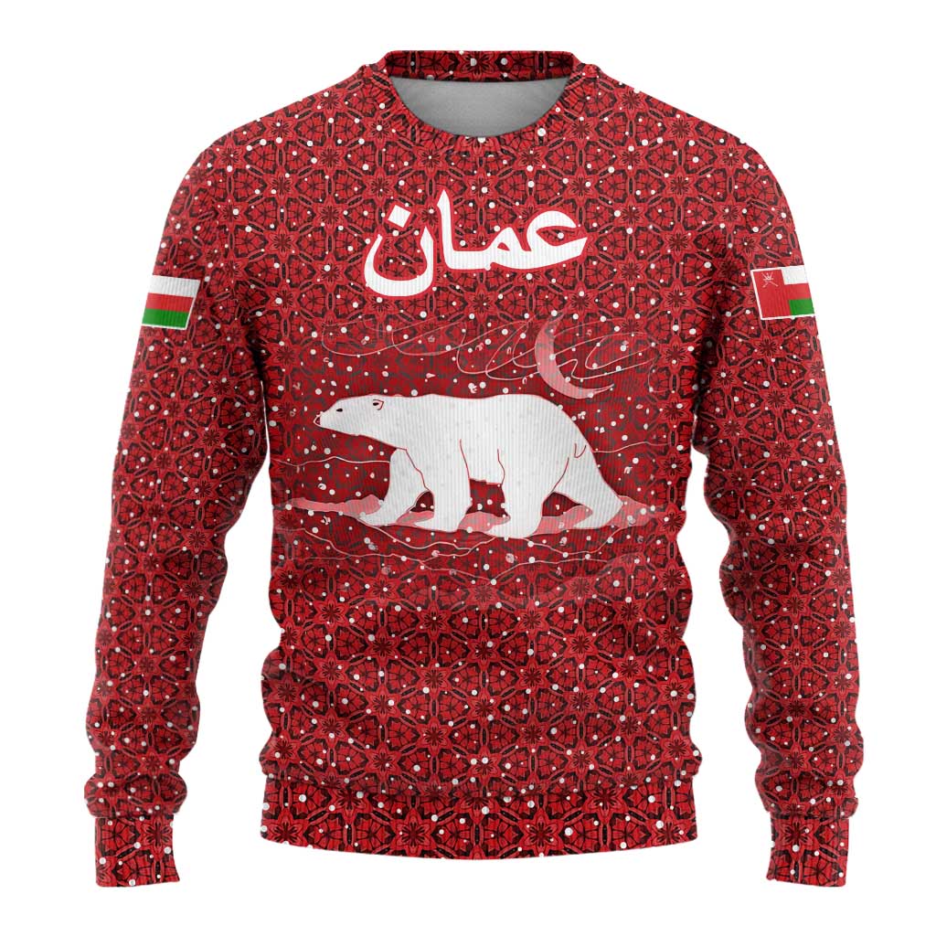 Oman Christmas Ugly Christmas Sweater with Red Geometric Design, White Oryx, and National Emblem Motif - Wonder Print Shop