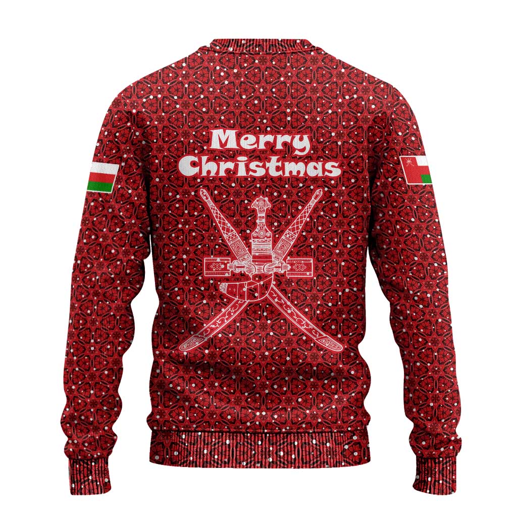 Oman Christmas Ugly Christmas Sweater with Red Geometric Design, White Oryx, and National Emblem Motif - Wonder Print Shop