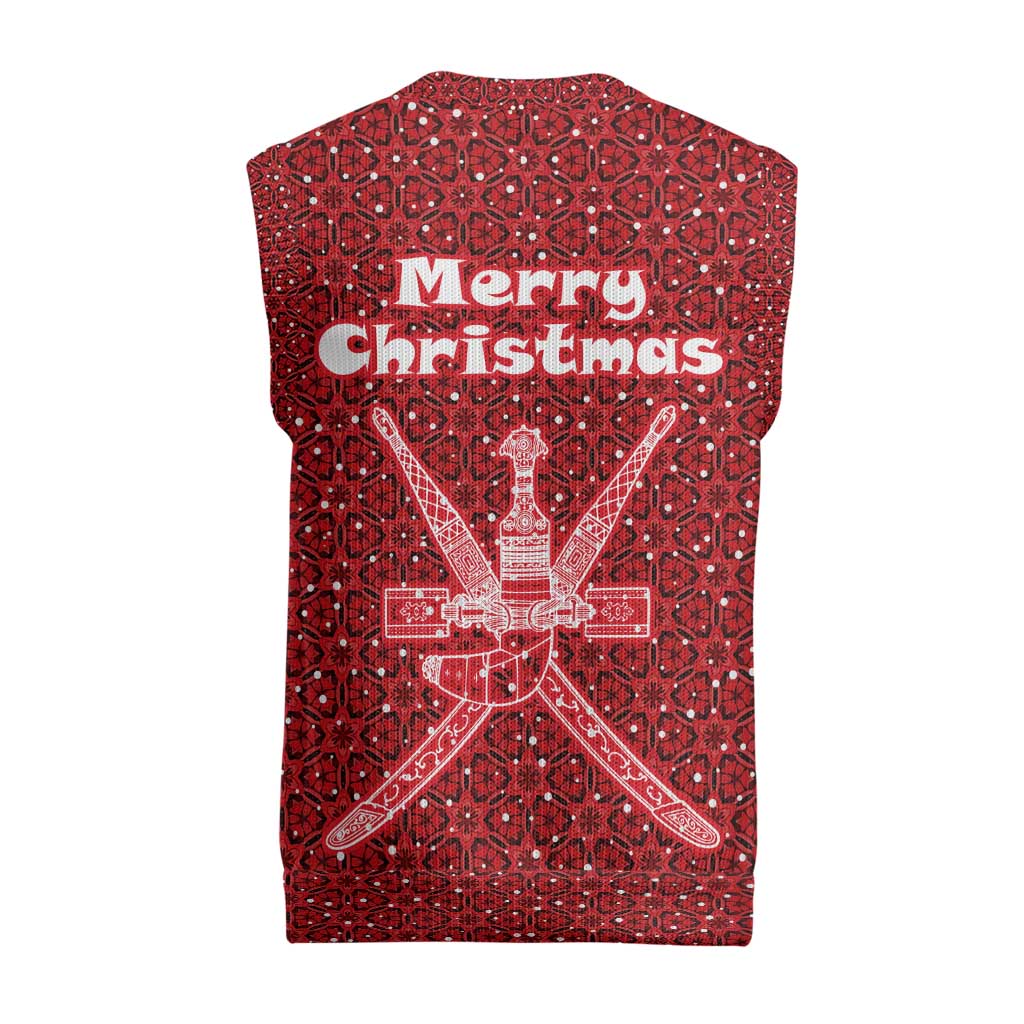 Oman Christmas Knitted V-Neck Vest with Red Geometric Design, White Oryx, and National Emblem Motif - Wonder Print Shop
