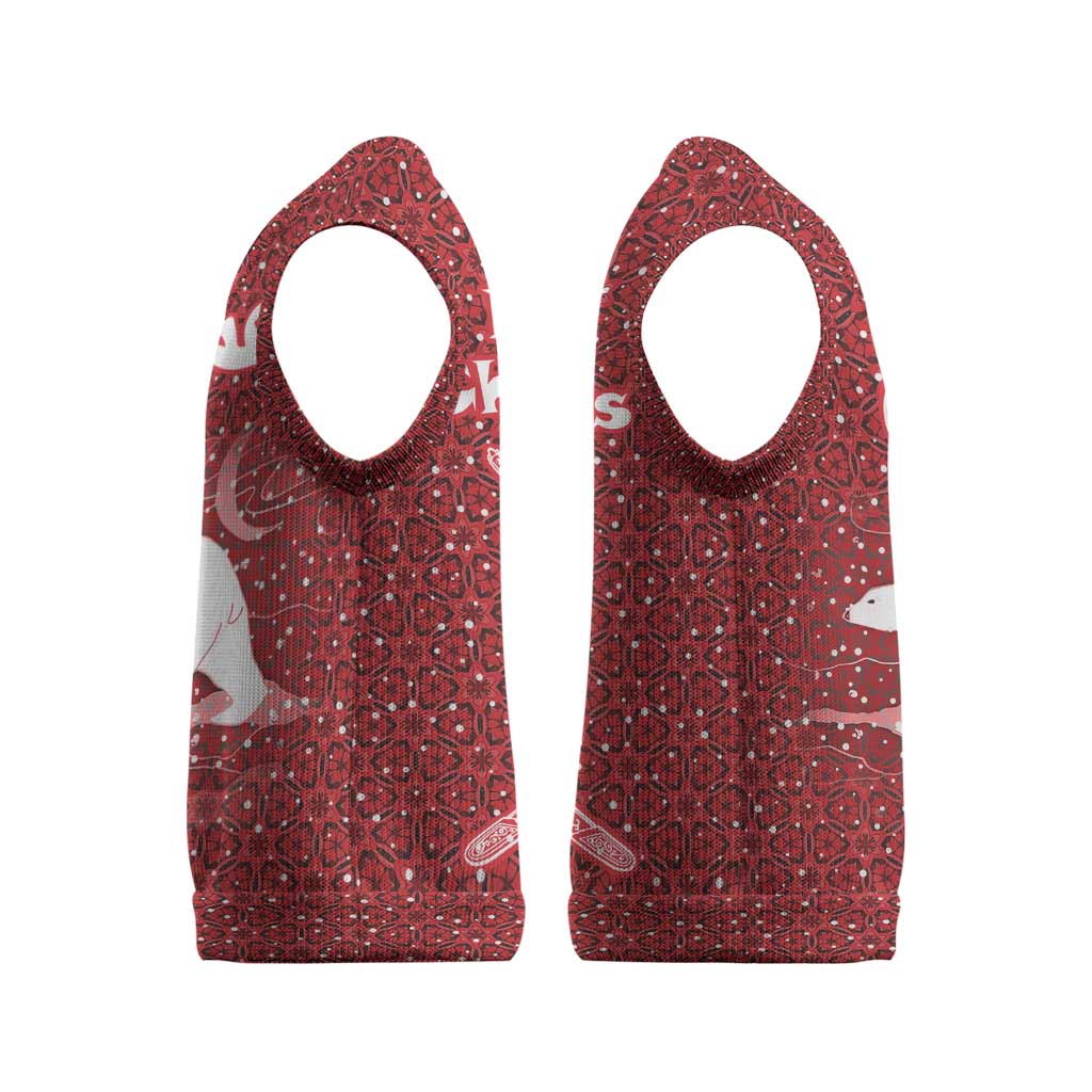 Oman Christmas Knitted V-Neck Vest with Red Geometric Design, White Oryx, and National Emblem Motif - Wonder Print Shop
