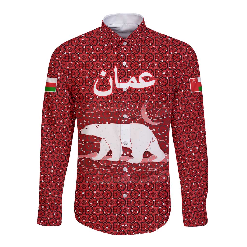 Oman Christmas Long Sleeve Button Shirt with Red Geometric Design, White Oryx, and National Emblem Motif - Wonder Print Shop