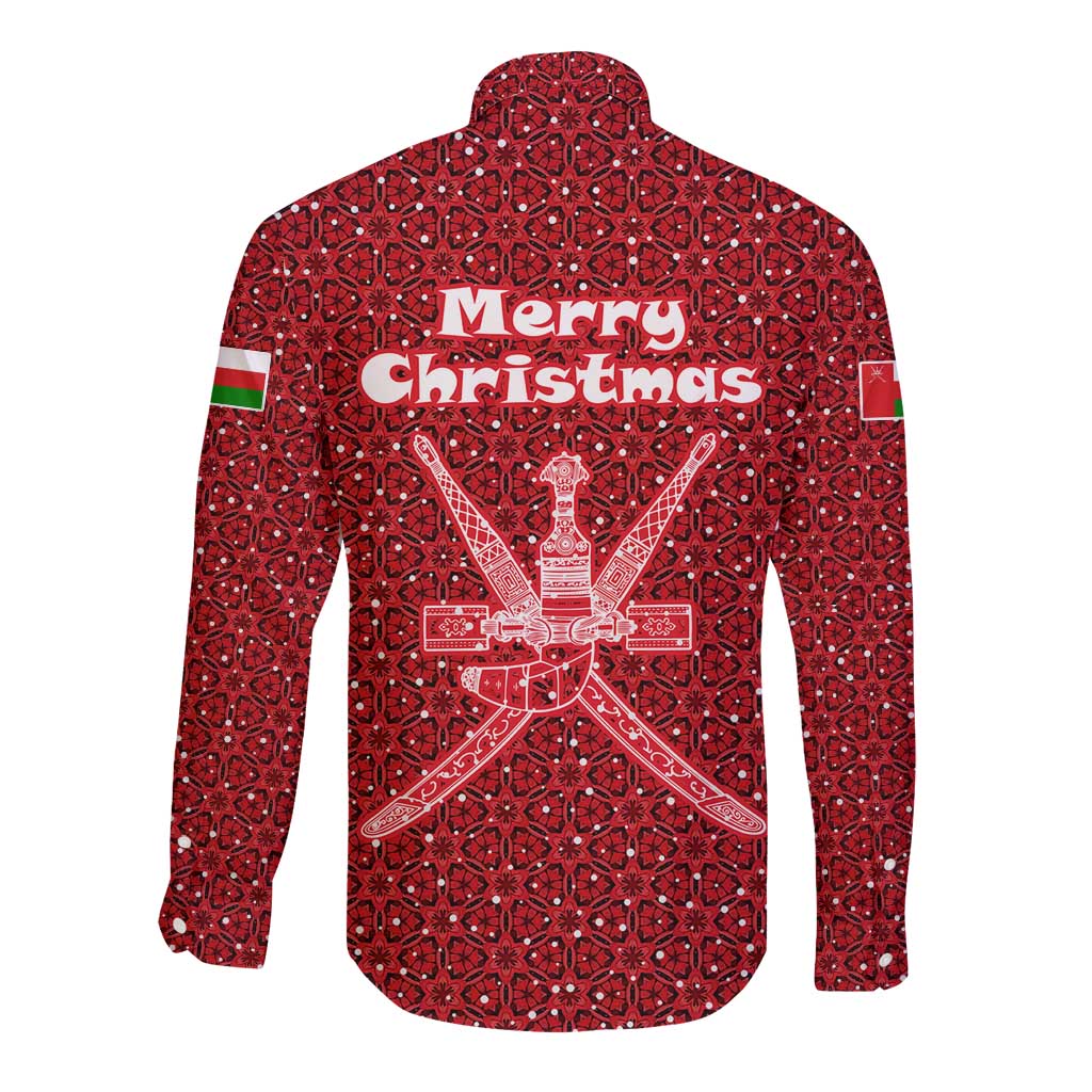 Oman Christmas Long Sleeve Button Shirt with Red Geometric Design, White Oryx, and National Emblem Motif - Wonder Print Shop