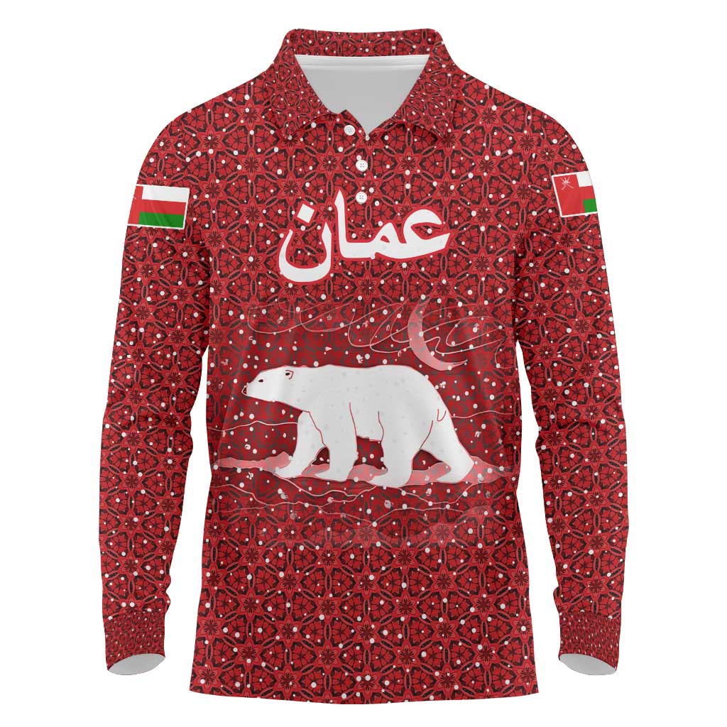 Oman Christmas Long Sleeve Polo Shirt with Red Geometric Design, White Oryx, and National Emblem Motif - Wonder Print Shop