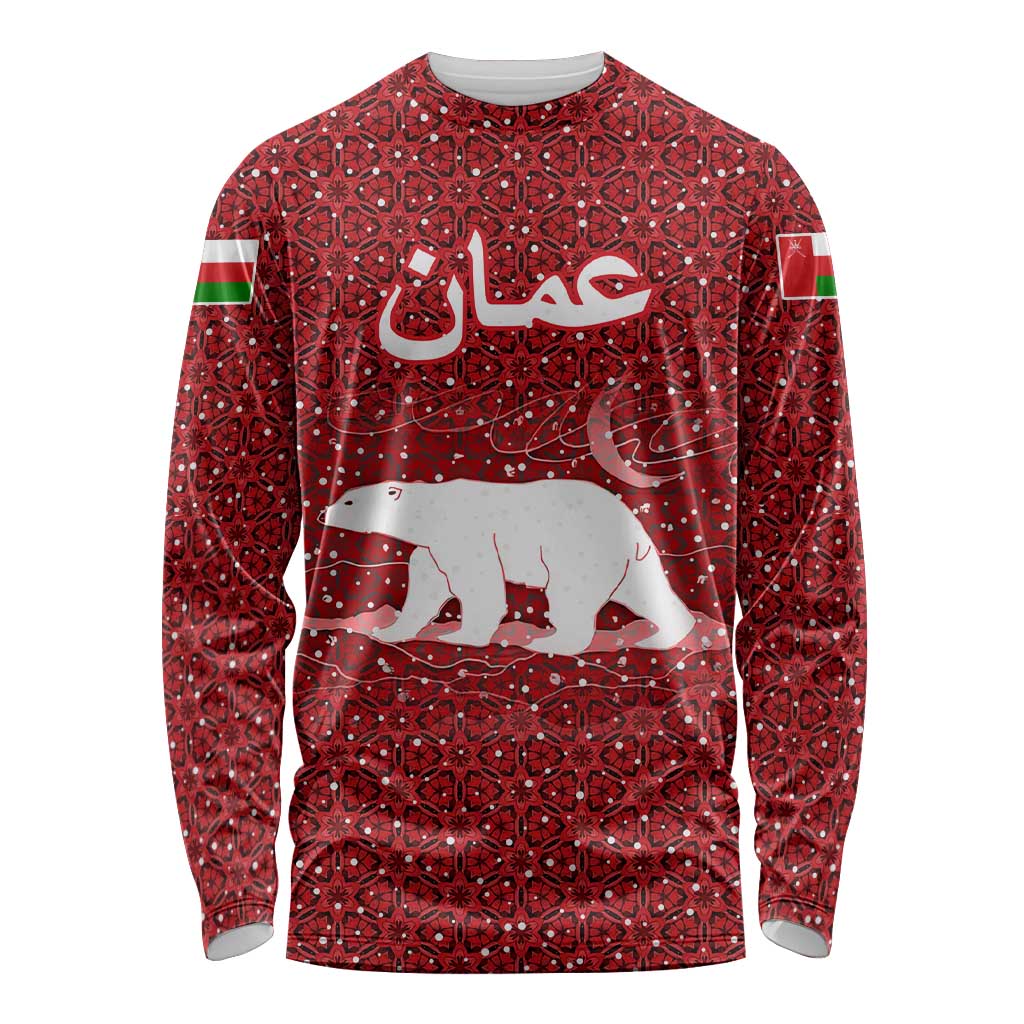 Oman Christmas Long Sleeve Shirt with Red Geometric Design, White Oryx, and National Emblem Motif - Wonder Print Shop