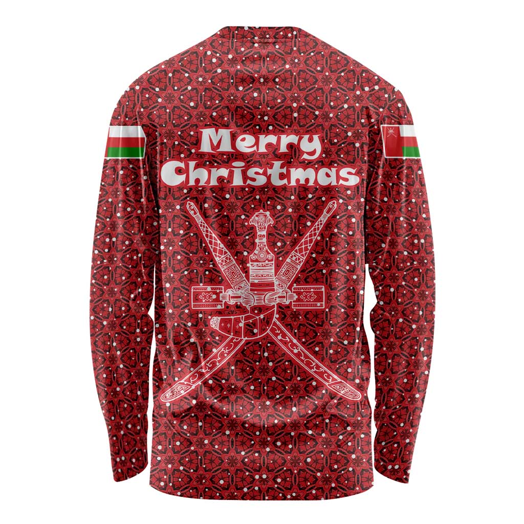 Oman Christmas Long Sleeve Shirt with Red Geometric Design, White Oryx, and National Emblem Motif - Wonder Print Shop