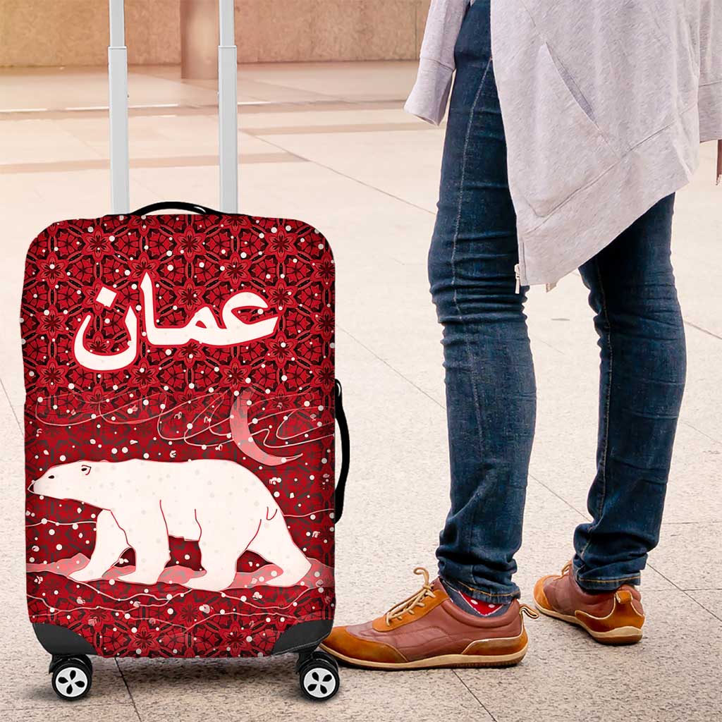 Oman Christmas Luggage Cover with Red Geometric Design, White Oryx, and National Emblem Motif - Wonder Print Shop