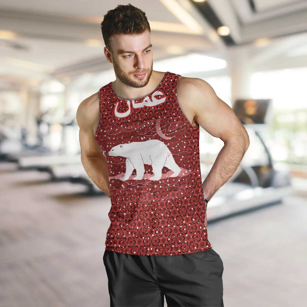 Oman Christmas Men Tank Top with Red Geometric Design, White Oryx, and National Emblem Motif - Wonder Print Shop