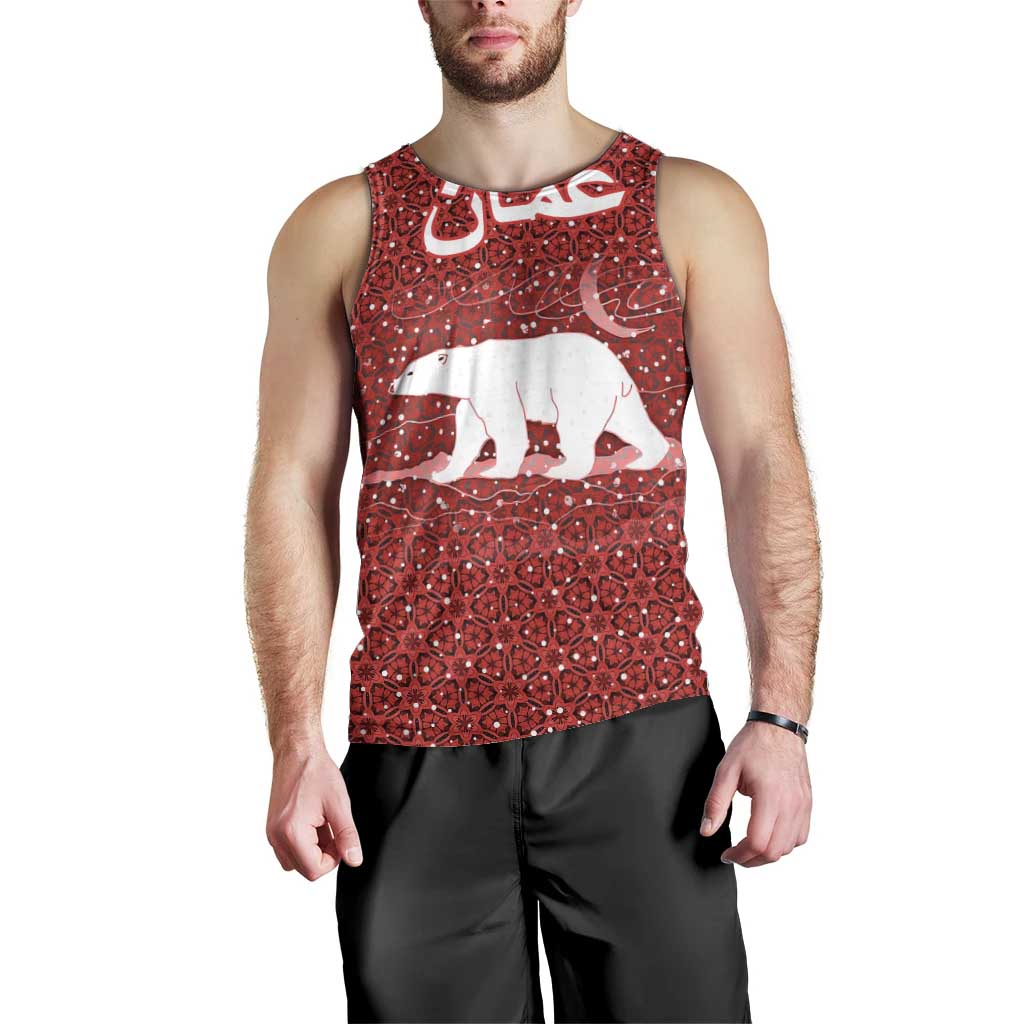 Oman Christmas Men Tank Top with Red Geometric Design, White Oryx, and National Emblem Motif - Wonder Print Shop