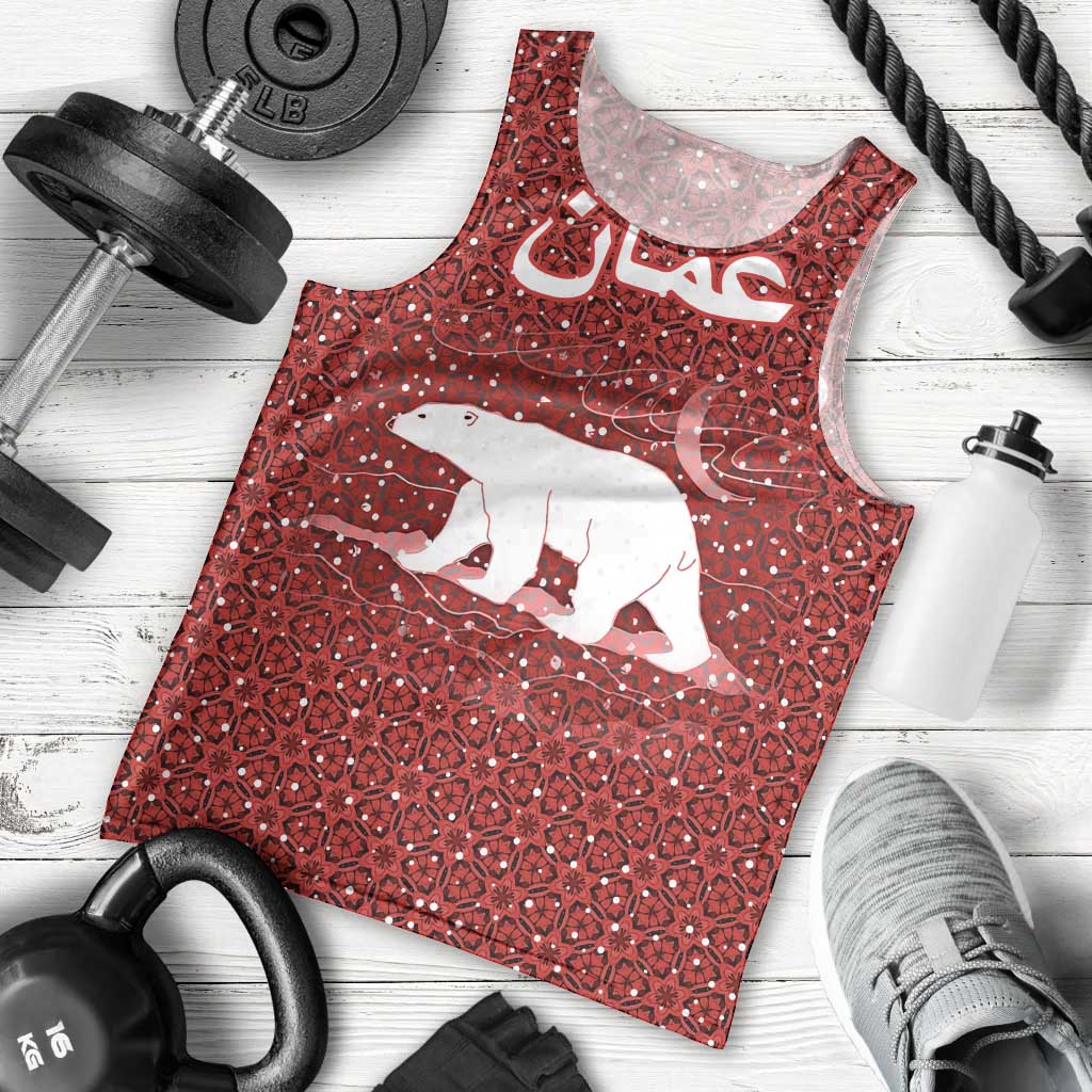 Oman Christmas Men Tank Top with Red Geometric Design, White Oryx, and National Emblem Motif - Wonder Print Shop