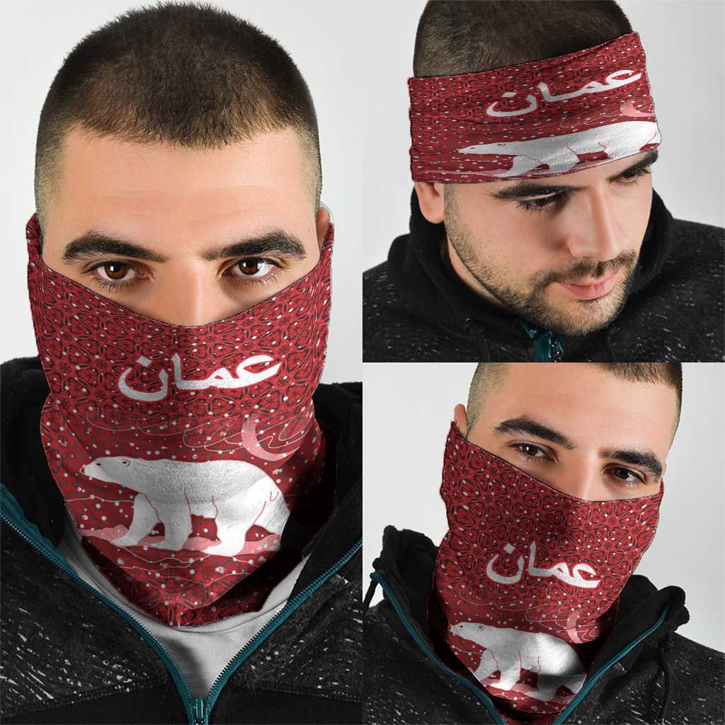 Oman Christmas Neck Gaiter with Red Geometric Design, White Oryx, and National Emblem Motif - Wonder Print Shop