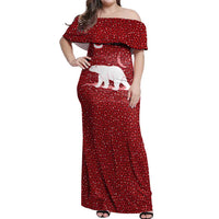 Oman Christmas Off Shoulder Maxi Dress with Red Geometric Design, White Oryx, and National Emblem Motif - Wonder Print Shop