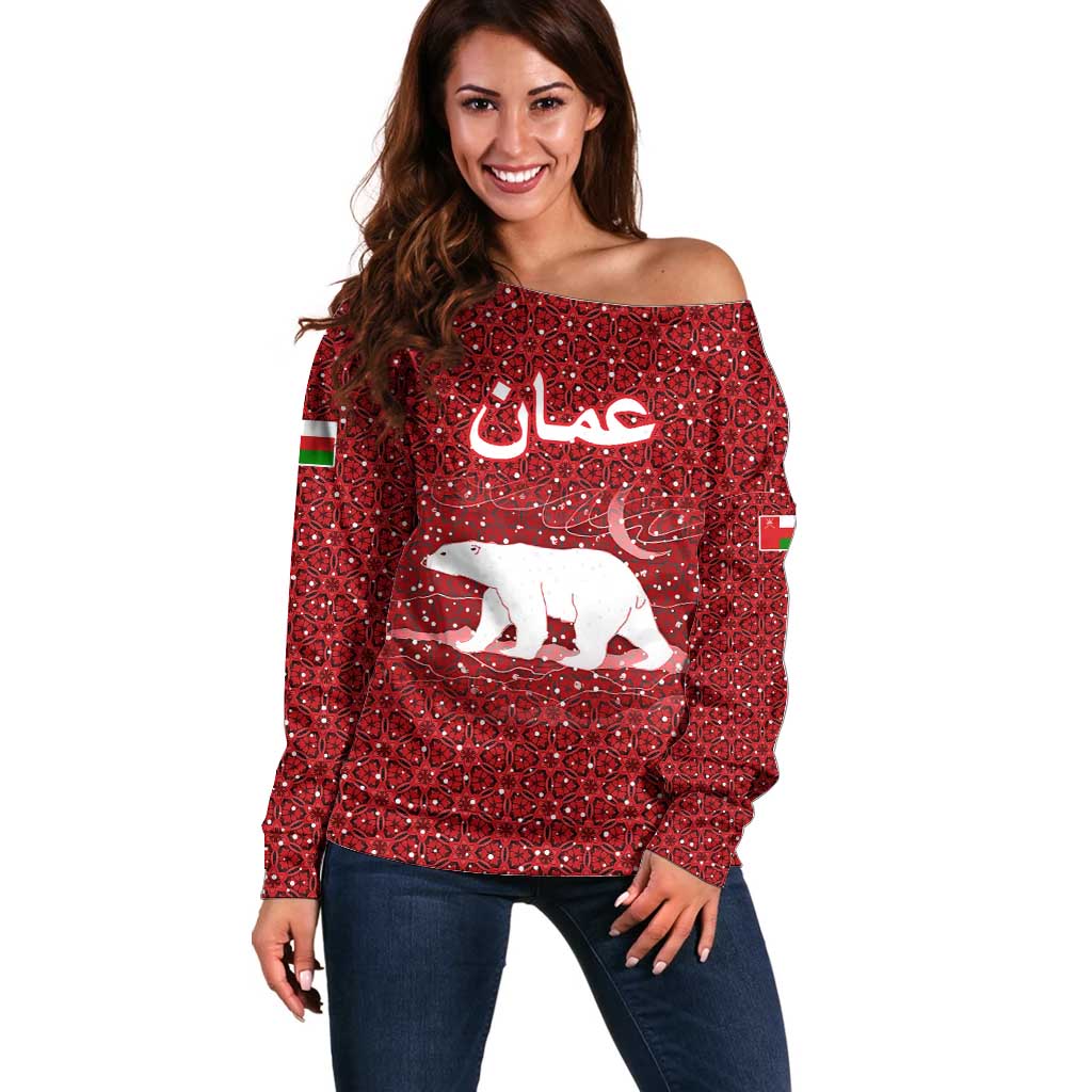Oman Christmas Off Shoulder Sweater with Red Geometric Design, White Oryx, and National Emblem Motif - Wonder Print Shop