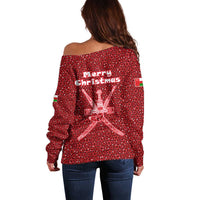 Oman Christmas Off Shoulder Sweater with Red Geometric Design, White Oryx, and National Emblem Motif - Wonder Print Shop