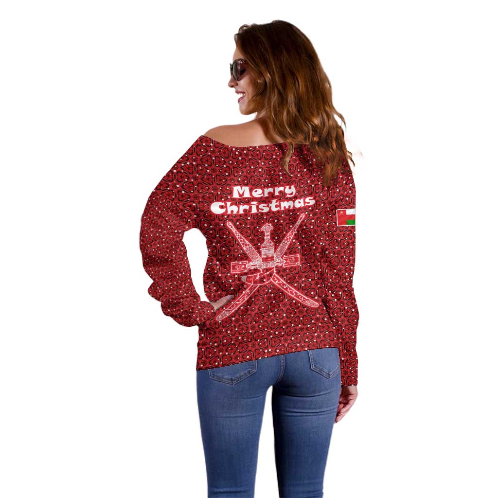 Oman Christmas Off Shoulder Sweater with Red Geometric Design, White Oryx, and National Emblem Motif - Wonder Print Shop