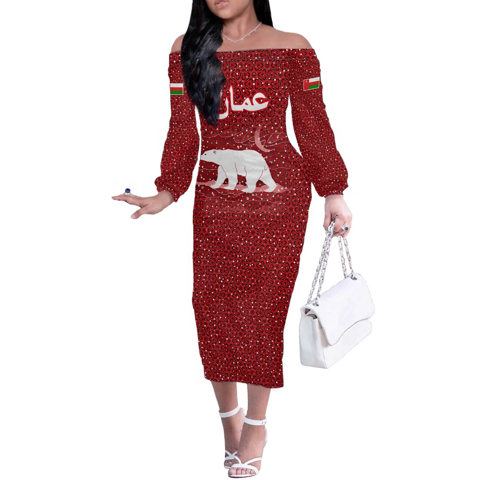 Oman Christmas Off The Shoulder Long Sleeve Dress with Red Geometric Design, White Oryx, and National Emblem Motif - Wonder Print Shop
