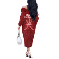 Oman Christmas Off The Shoulder Long Sleeve Dress with Red Geometric Design, White Oryx, and National Emblem Motif - Wonder Print Shop
