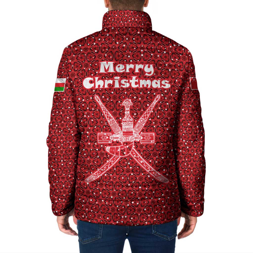 Oman Christmas Padded Jacket with Red Geometric Design, White Oryx, and National Emblem Motif - Wonder Print Shop