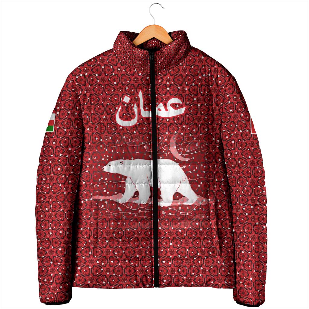 Oman Christmas Padded Jacket with Red Geometric Design, White Oryx, and National Emblem Motif - Wonder Print Shop