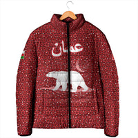 Oman Christmas Padded Jacket with Red Geometric Design, White Oryx, and National Emblem Motif - Wonder Print Shop