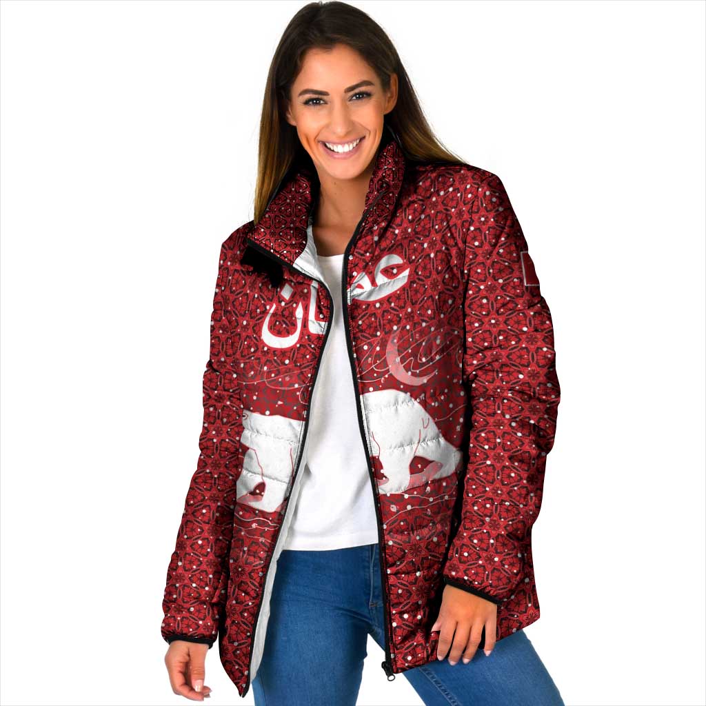 Oman Christmas Padded Jacket with Red Geometric Design, White Oryx, and National Emblem Motif - Wonder Print Shop