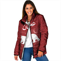 Oman Christmas Padded Jacket with Red Geometric Design, White Oryx, and National Emblem Motif - Wonder Print Shop