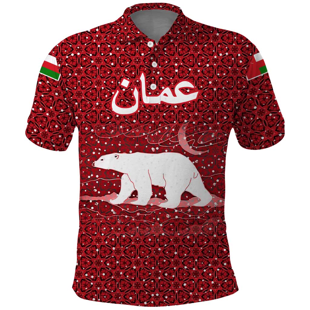 Oman Christmas Polo Shirt with Red Geometric Design, White Oryx, and National Emblem Motif - Wonder Print Shop