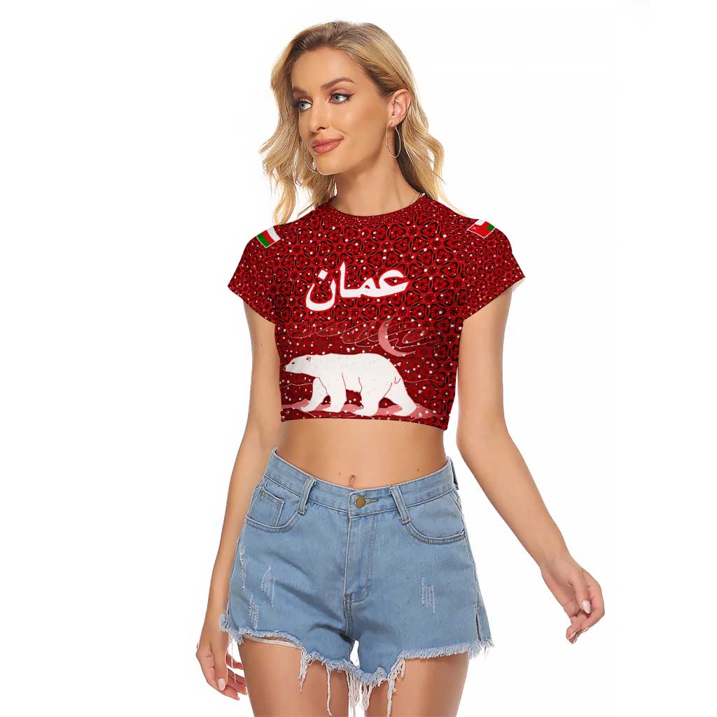 Oman Christmas Raglan Cropped T Shirt with Red Geometric Design, White Oryx, and National Emblem Motif - Wonder Print Shop