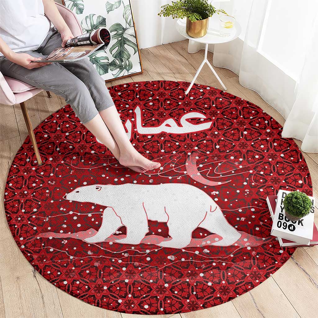 Oman Christmas Round Carpet with Red Geometric Design, White Oryx, and National Emblem Motif - Wonder Print Shop