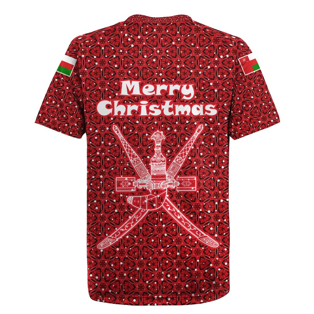 Oman Christmas Rugby Jersey with Red Geometric Design, White Oryx, and National Emblem Motif - Wonder Print Shop