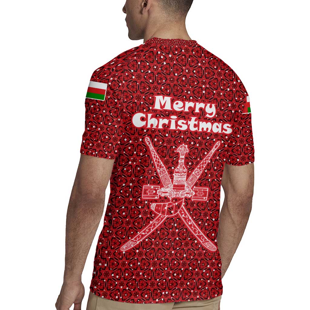 Oman Christmas Rugby Jersey with Red Geometric Design, White Oryx, and National Emblem Motif - Wonder Print Shop