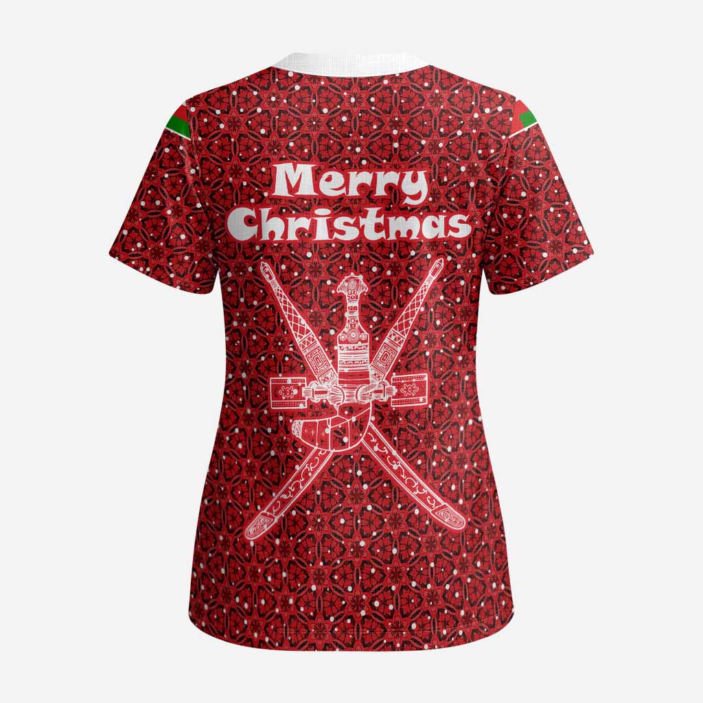 Oman Christmas Scrub Top with Red Geometric Design, White Oryx, and National Emblem Motif - Wonder Print Shop