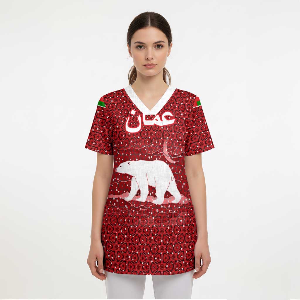 Oman Christmas Scrub Top with Red Geometric Design, White Oryx, and National Emblem Motif - Wonder Print Shop