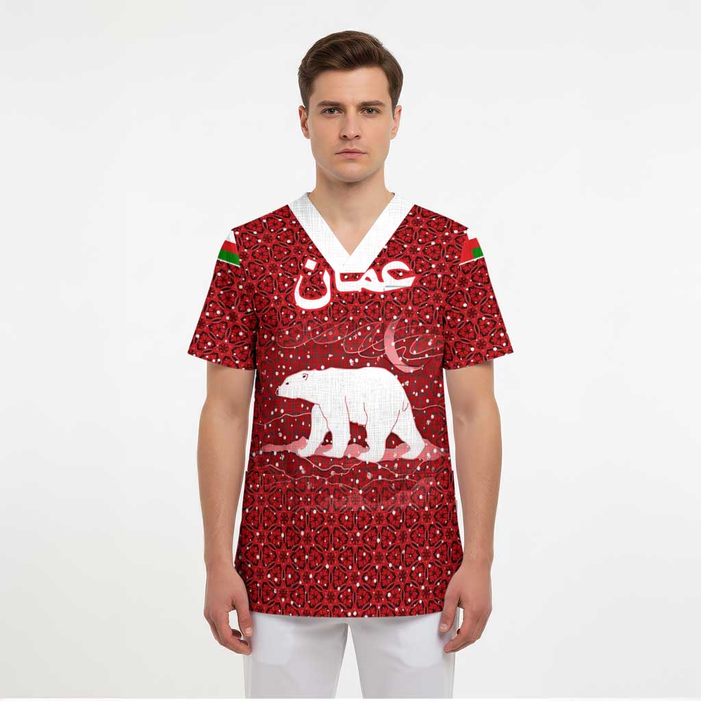 Oman Christmas Scrub Top with Red Geometric Design, White Oryx, and National Emblem Motif - Wonder Print Shop