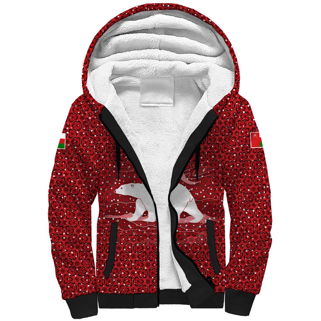 Oman Christmas Sherpa Hoodie with Red Geometric Design, White Oryx, and National Emblem Motif - Wonder Print Shop