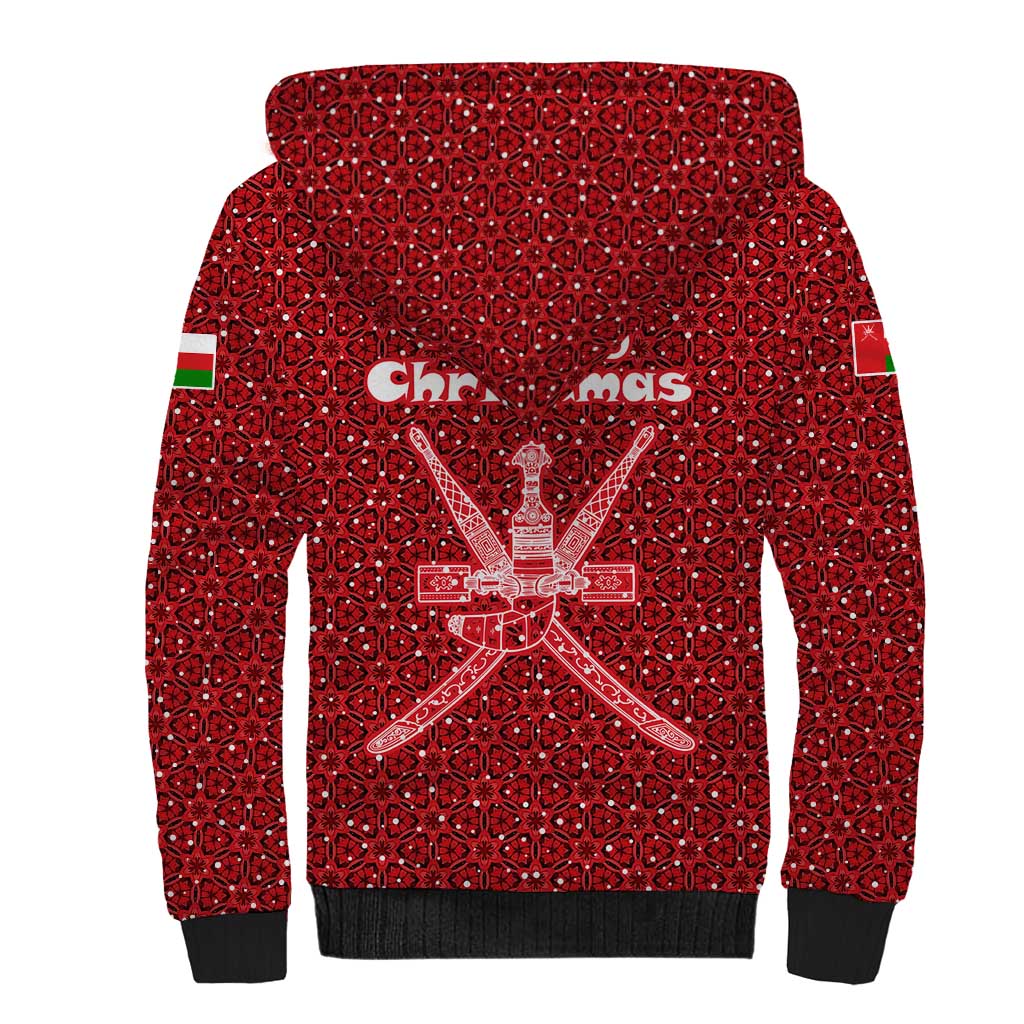 Oman Christmas Sherpa Hoodie with Red Geometric Design, White Oryx, and National Emblem Motif - Wonder Print Shop