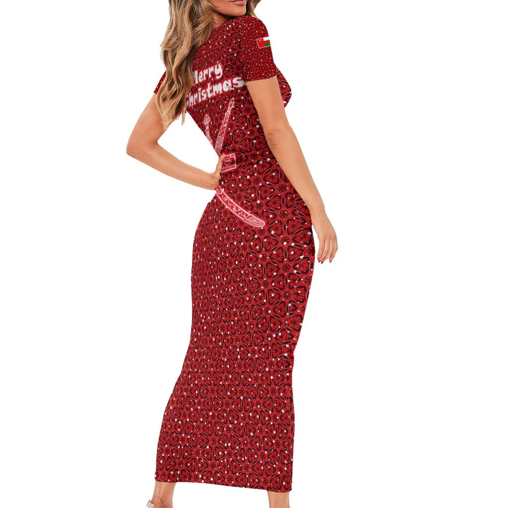 Oman Christmas Short Sleeve Bodycon Dress with Red Geometric Design, White Oryx, and National Emblem Motif - Wonder Print Shop