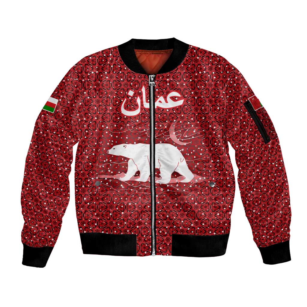 Oman Christmas Sleeve Zip Bomber Jacket with Red Geometric Design, White Oryx, and National Emblem Motif - Wonder Print Shop